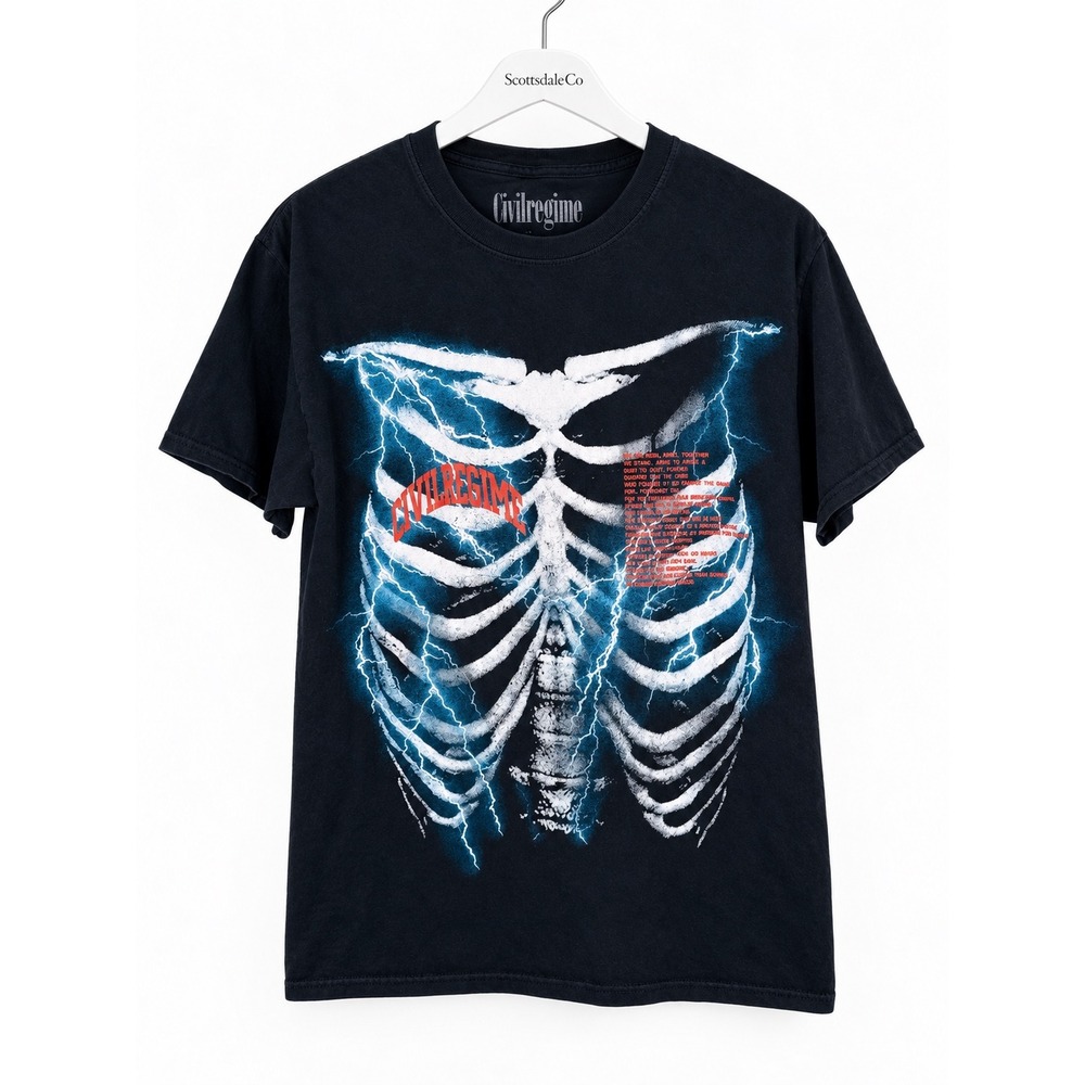 Civil Regime Graphic Tee Mens M Dark Navy Blue Skeleton Ribcage Lightning Shirt